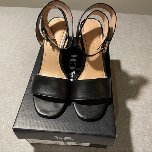 SOLD!!! Coach Shelby Black Leather Sandals with gold C logo - Picture 3 of 4